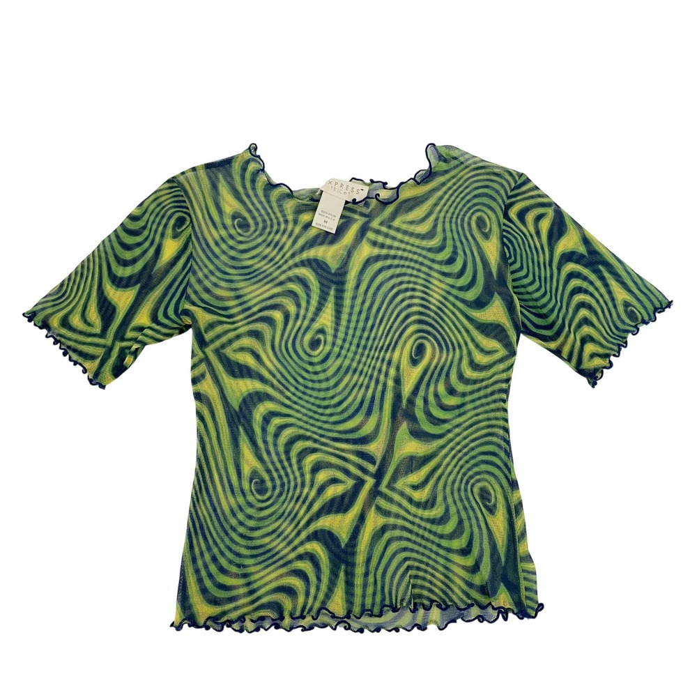Vintage Express Tricot Mesh Top Green Psychedelic Swirl Rave Festival 90s MEDIUM